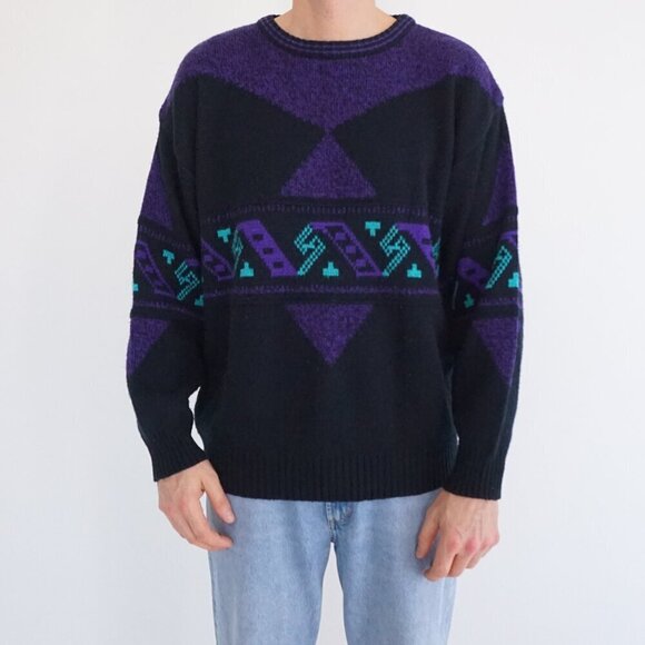 Other - Vintage Bronzini Purple Black Geometric Knit Sweater Abstract Pattern Large